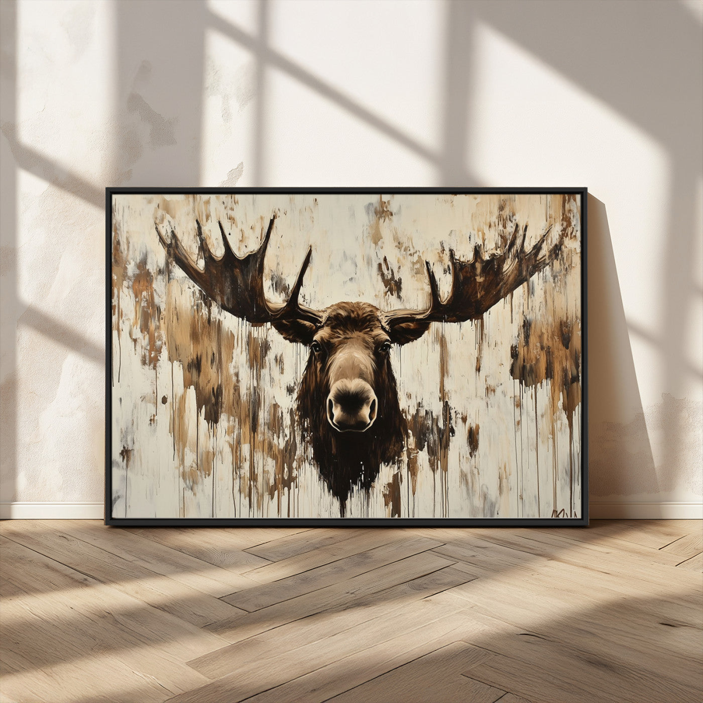 34496536-MGV-CV-36X24-Rustic Moose Wall Art – Modern Abstract Animal Canvas Print – Majestic Moose Head Painting with Neutral Earth Tones for Cabin,