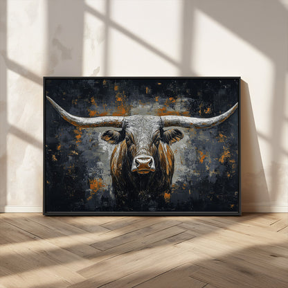 93195031-MGV-CV-36X24-Dark Longhorn Bull Wall Art – Western Steer Canvas Print, Moody Rustic Animal Painting for Man Cave, Ranch House, Office or Modern