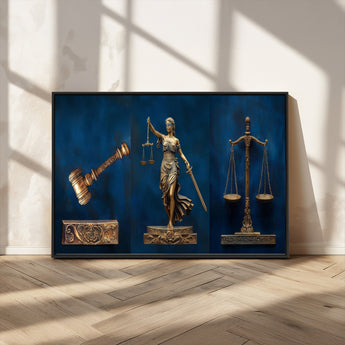 91629053-MGV-CV-36X24-Lady Justice Wall Art – Golden Gavel and Scales Canvas Print, Elegant Legal Office Decor for Lawyers, Judges, Courtroom or Study