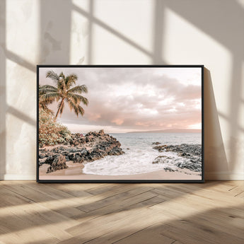 14214613-MGV-FC-36X24_Black-Tropical Beach Wall Art – Palm Tree and Ocean Sunset Canvas Print, Relaxing Coastal Landscape Decor for Living Room, Bedroom, or