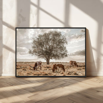 87590224-MGV-CV-36X24-Longhorn Cattle Wall Art – Rustic Western Landscape Canvas Print, Texas Farmhouse Prairie Scene for Living Room, Office, or Ranch