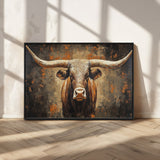 19204445-MGV-FC-36X24_Black-Texas Longhorn Bull Wall Art – Rustic Western Canvas Print, Bold Cowboy Cattle Painting for Ranch House, Farmhouse, Office, or