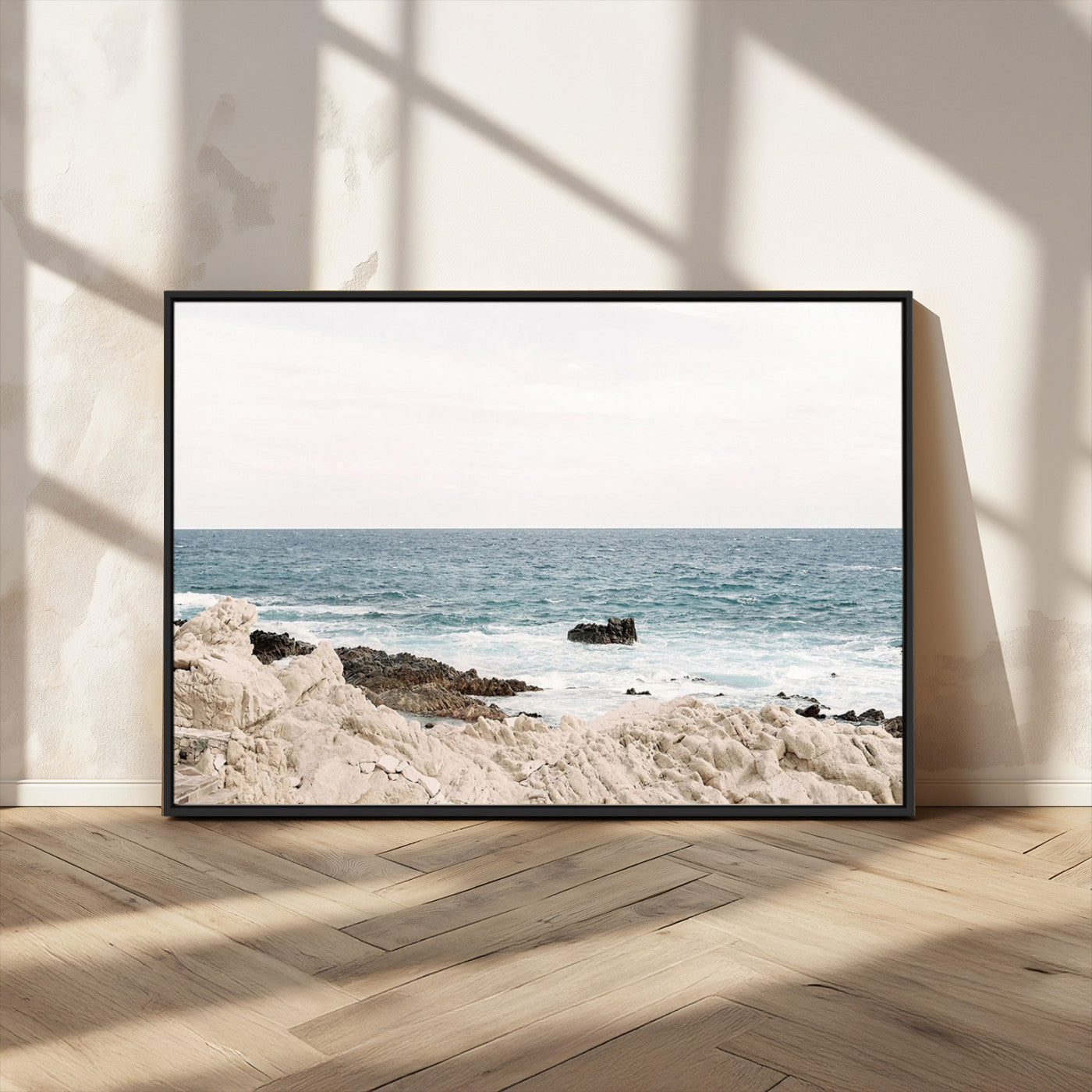 25481980-MGV-FC-36X24_Black-Ocean Coastal Wall Art – Rocky Shoreline and Waves Canvas Print, Serene Beach Landscape Decor for Living Room, Bedroom, or Office