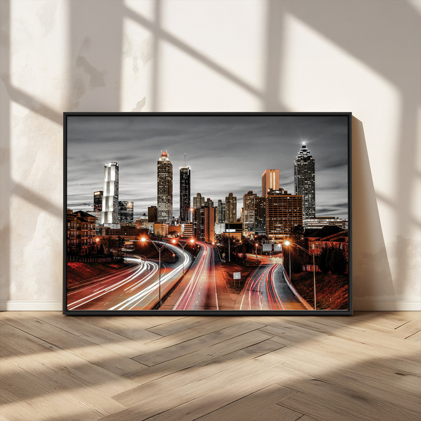 59097239-MGV-FC-36X24_Black-City Skyline Wall Art – Modern Black and White Night Canvas Print with Red Light Trails, Urban Landscape Decor for Living Room or