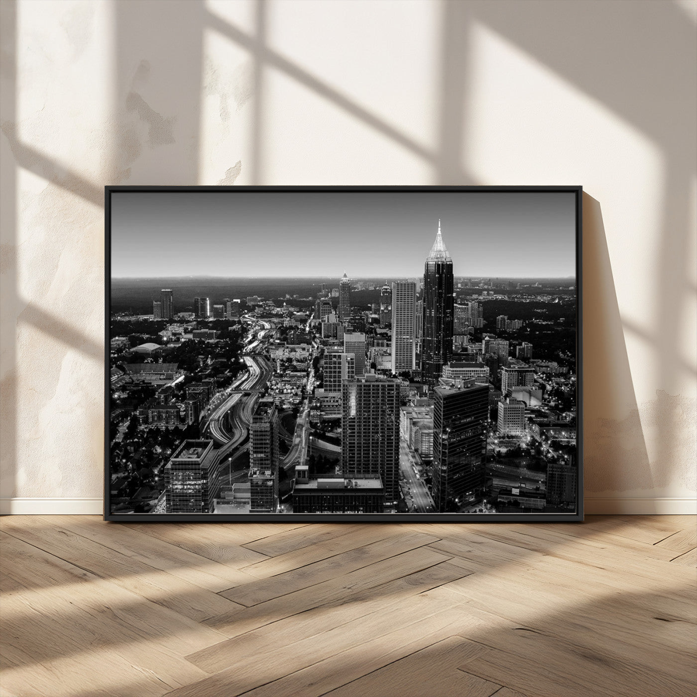 46578567-MGV-CV-36X24-Atlanta Skyline Wall Art – Black and White Cityscape Canvas Print, Modern Urban Night Decor for Office, Living Room, or Apartment