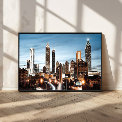 23859158-MGV-FC-36X24_Black-Atlanta Skyline Wall Art – Modern Cityscape Canvas Print with Night Lights and Traffic Trails, Urban Decor for Office, Apartment,