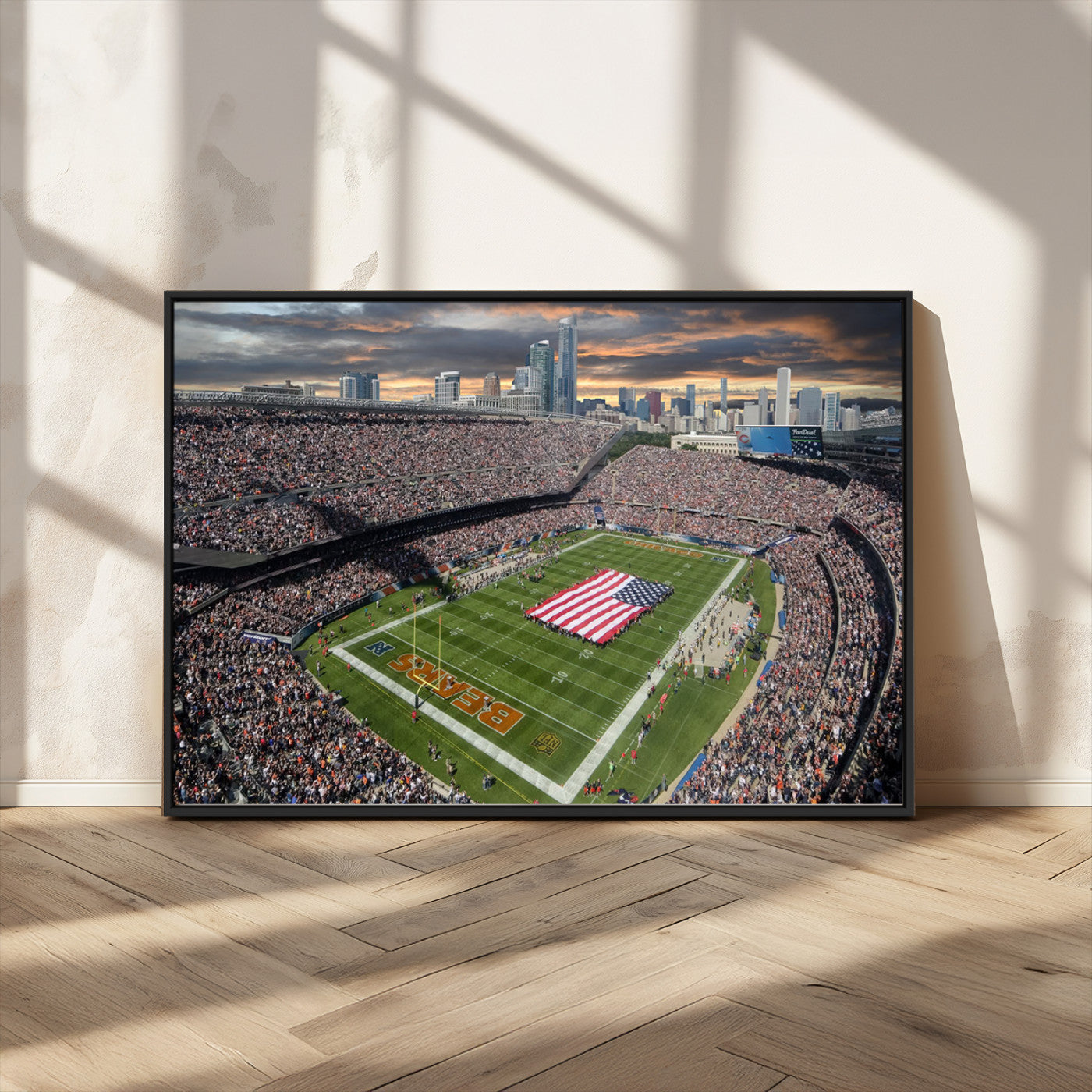 98106777-MGV-CV-36X24-Soldier Field Wall Art – Chicago Bears Stadium Canvas Print with American Flag, Game Day Football Decor for Man Cave, Bar, or