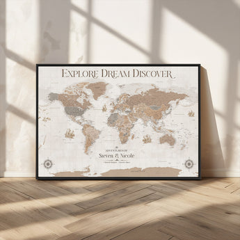 63516865-MGV-CV-36X24-Explore Dream Discover World Map Wall Art – Inspirational Travel Adventure Canvas Print, Neutral Parchment Style Explorer Decor