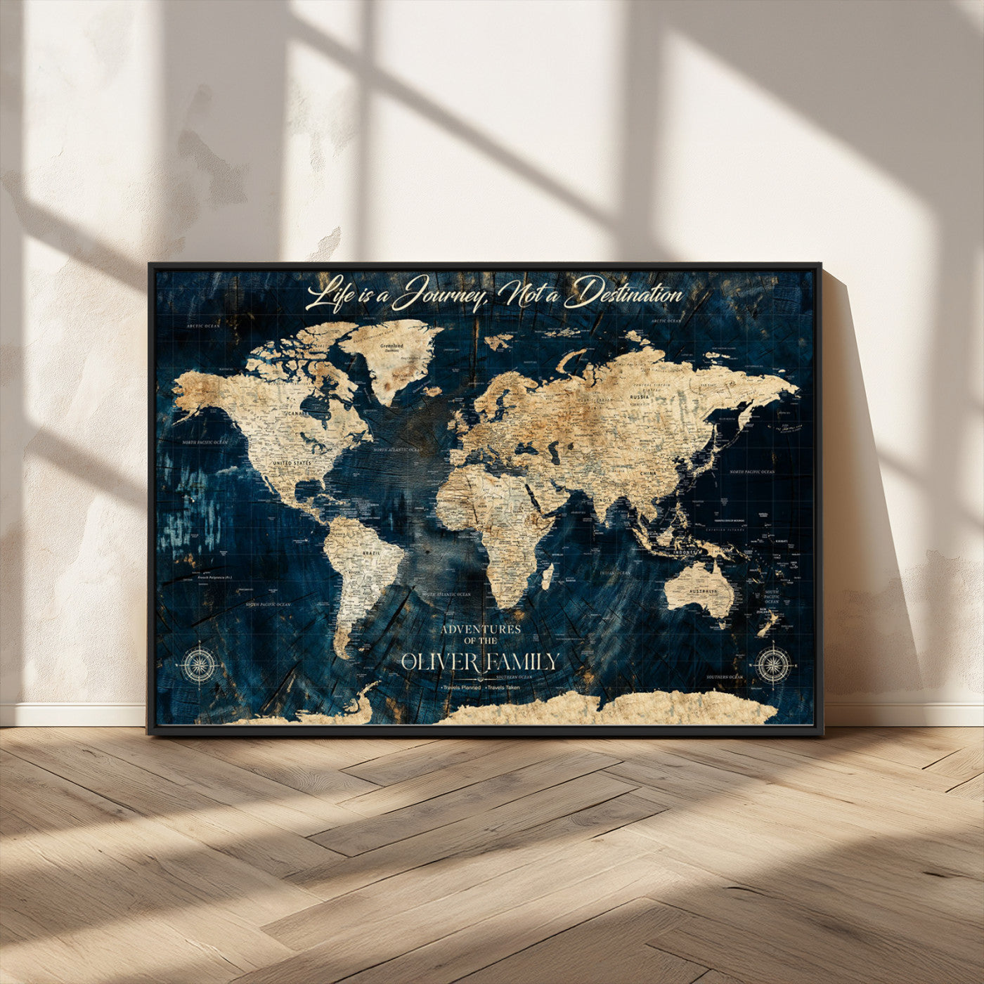 36970886-MGV-CV-36X24-Life is a Journey Not a Destination World Map Rustic Navy Beige Vintage Travel Wall Art Adventure Quote Canvas Print for Home