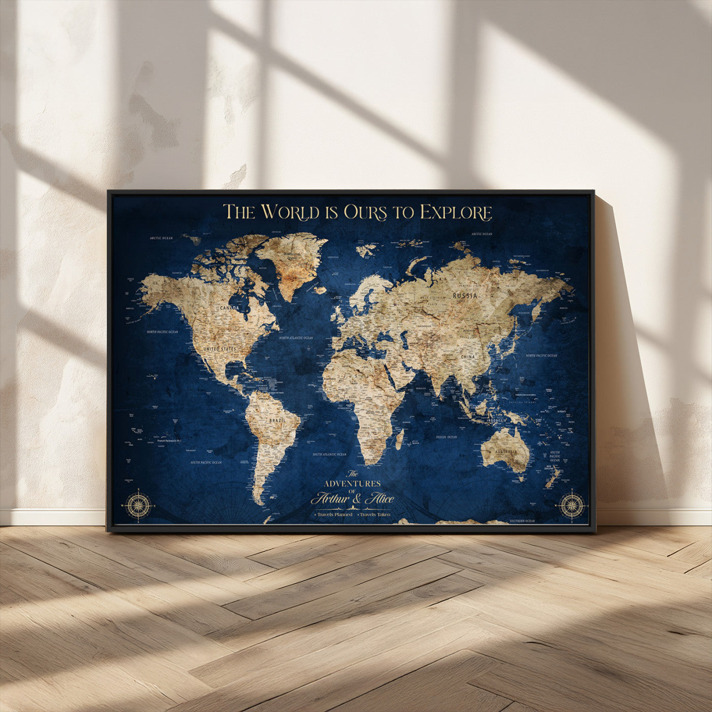 54782997-MGV-CV-36X24-The World is Ours to Explore Wall Art – Blue World Map Canvas Print, Adventure Travel Decor for Home, Office or Living Room,