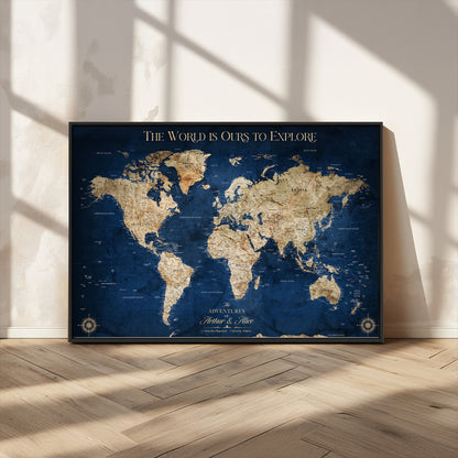 54782997-MGV-CV-36X24-The World is Ours to Explore Wall Art – Blue World Map Canvas Print, Adventure Travel Decor for Home, Office or Living Room,
