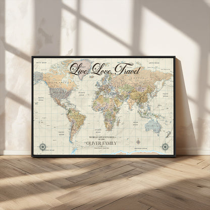 19479008-MGV-CV-36X24-Live Love Travel Wall Art – Detailed World Map Canvas Print, Adventure Decor for Living Room, Office or Bedroom, Travel Gift for