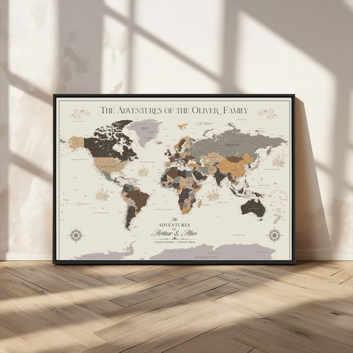 38723540-MGV-CV-36X24-Adventures of the Oliver Family Wall Art – Earth Tone World Map Canvas Print, Minimalist Travel Decor for Living Room, Bedroom or