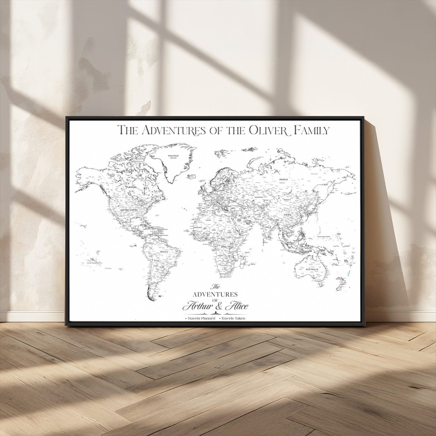 21029247-MGV-CV-36X24-Minimalist World Map Wall Art – Black and White Travel Adventure Print, Modern Family Travel Map Decor for Living Room, Bedroom,