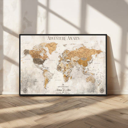 99422096-MGV-FC-36X24_Black-Adventure Awaits World Map Wall Art – Neutral Beige Canvas Print, Modern Travel Inspired Wall Decor for Living Room, Bedroom or