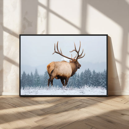 85177251-MGV-CV-36X24-Elk Wall Art – Majestic Wildlife Canvas Print of Bull Elk Snowy Forest, Rustic Nature Decor for Living Room, Cabin, or Office