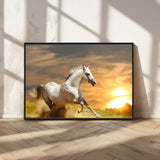 44295212-MGV-CV-36X24-Horse Wall Art – Running White Stallion Canvas Print with Sunset Background, Western Wildlife Decor for Living Room, Office, or
