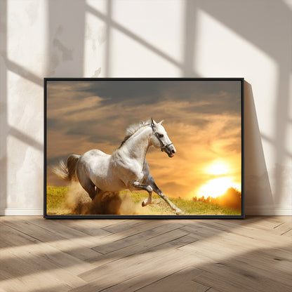 44295212-MGV-CV-36X24-Horse Wall Art – Running White Stallion Canvas Print with Sunset Background, Western Wildlife Decor for Living Room, Office, or