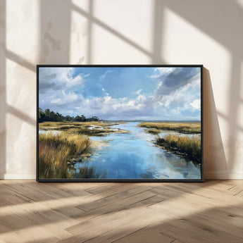 87082041-MGV-FC-36X24_Black-Marshland Landscape Wall Art – Serene Nature Canvas Print with Blue Sky and Reflections, Tranquil Scenic Painting for Living Room,