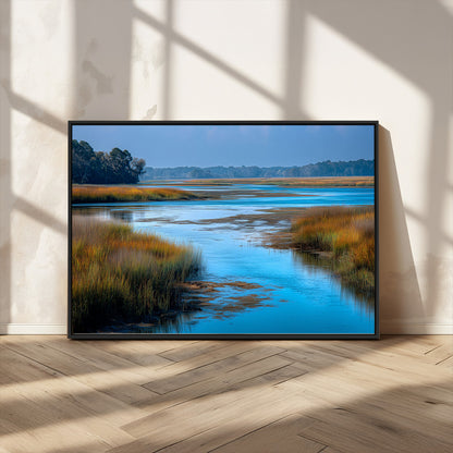 26300004-MGV-FC-36X24_Black-Marshland Landscape Wall Art – Scenic Nature Canvas Print with Golden Grass and Blue Water, Peaceful River Photography for Living