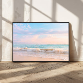 88024944-MGV-FC-36X24_Black-Beach Landscape Wall Art – Coastal Ocean Canvas Print with Gentle Waves and Pastel Sky, Serene Seascape Photography for Living