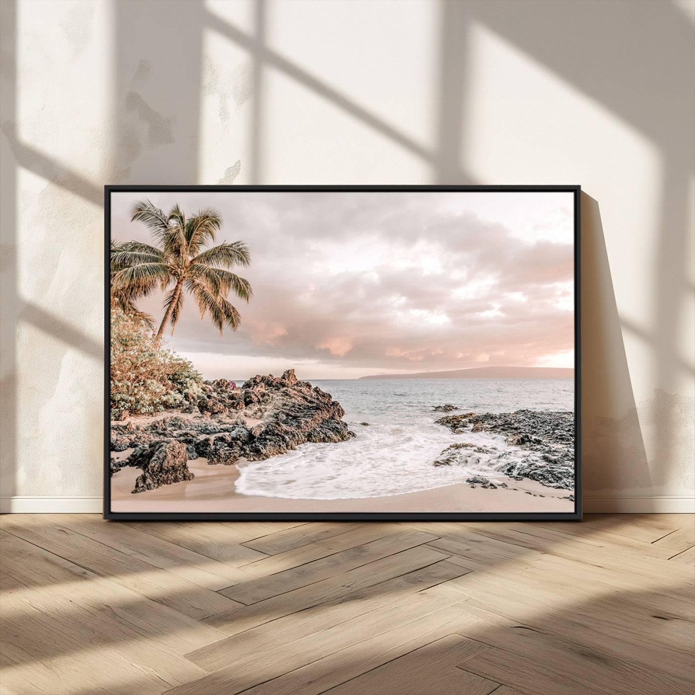 18005328-MGV-FC-36X24_Black-Tropical Beach Wall Art – Coastal Ocean Canvas Print with Palm Tree, Sunset Sky and Rocky Shore, Serene Seascape Photography for