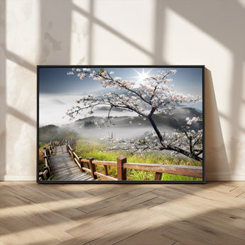 34632598CRY-MGV-FC-36X24_Black-Cherry Blossom Wall Art – Scenic Asian Landscape Canvas Print with Wooden Walkway, Misty Mountains and Sunrise, Serene Nature
