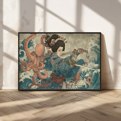 52037775-MGV-CV-36X24-Samurai Woman Wall Art – Japanese Ukiyo e Style Canvas Print with Katana, Ocean Waves and Octopus, Traditional Asian Inspired