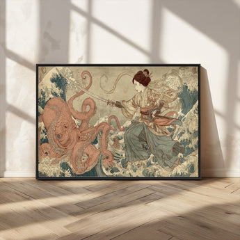 54879547-MGV-CV-36X24-Samurai Woman Wall Art – Japanese Ukiyo-e Style Canvas Print with Katana and Octopus, Traditional Asian Inspired Battle Artwork