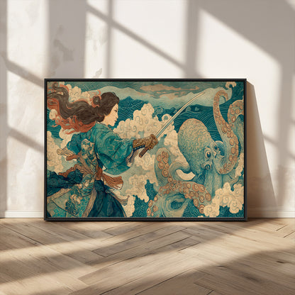 37943964-MGV-FC-36X24_Black-Tsukioka Yoshitoshi Samurai Wall Art Print, Japanese Katana Warrior Canvas Wall Art, Octopus Sea Monster Canvas Print,