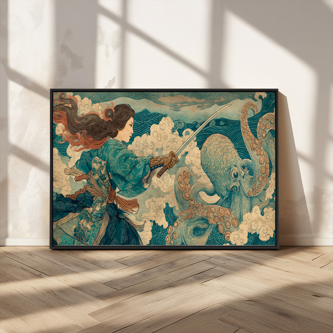37943964-MGV-CV-36X24-Samurai Warrior vs Octopus Wall Art – Japanese Ukiyo-e Style Canvas Print, Ocean Battle Scene Artwork for Living Room, Office, Man