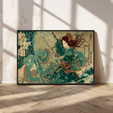 86918027-MGV-CV-36X24-Samurai Warrior vs Octopus Wall Art – Japanese Ukiyo-e Ocean Battle Canvas Print, Traditional Samurai Artwork for Living Room,