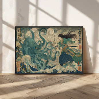 60346622-MGV-FC-36X24_Black-Tsukioka Yoshitoshi Samurai Wall Art Print, Japanese Katana Warrior Canvas Wall Art, Octopus Sea Monster Canvas Print,
