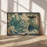 60346622-MGV-CV-36X24-Samurai Warrior vs Octopus Wall Art – Japanese Ukiyo-e Style Ocean Battle Canvas Print, Traditional Samurai Artwork for Living