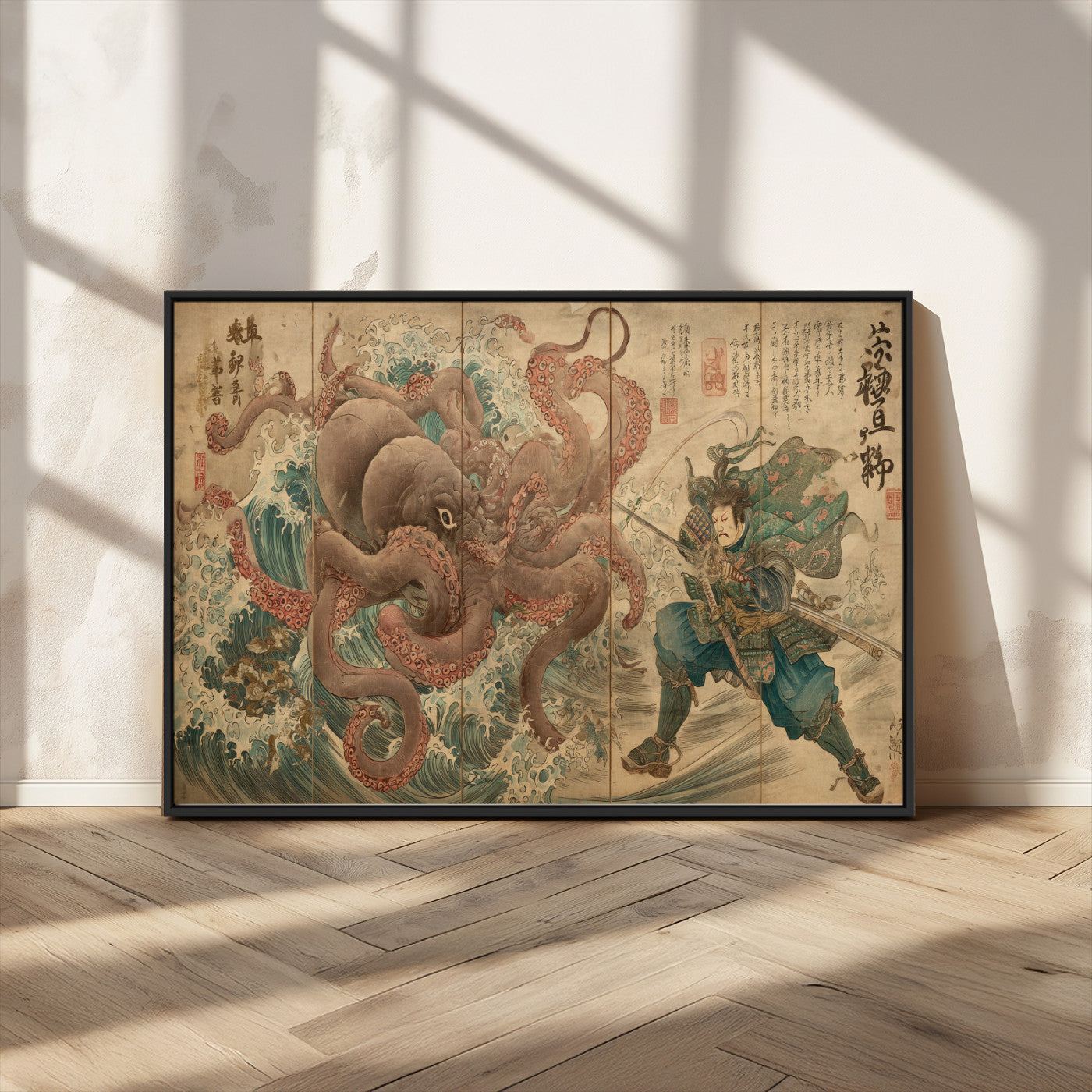 63782167-MGV-FC-36X24_Black-Tsukioka Yoshitoshi Samurai Wall Art Print, Japanese Katana Warrior Canvas Wall Art, Octopus Sea Monster Canvas Print,