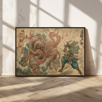 63782167-MGV-FC-36X24_Black-Tsukioka Yoshitoshi Samurai Wall Art Print, Japanese Katana Warrior Canvas Wall Art, Octopus Sea Monster Canvas Print,