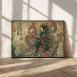98593115-MGV-CV-36X24-Samurai Warrior vs Octopus Wall Art – Japanese Ukiyo-e Calligraphy Canvas Print, Ocean Battle Scene Artwork for Living Room,