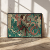 91666601-MGV-FC-36X24_Black-Samurai Woman vs Octopus Wall Art – Japanese Ukiyo-e Green Robe Canvas Print, Ocean Battle Artwork for Living Room, Office, Man
