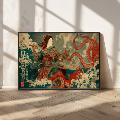 60201267-MGV-FC-36X24_Black-Samurai Woman vs Octopus Wall Art – Japanese Ukiyo-e Armor Canvas Print, Red Tentacle Ocean Battle Artwork for Living Room,