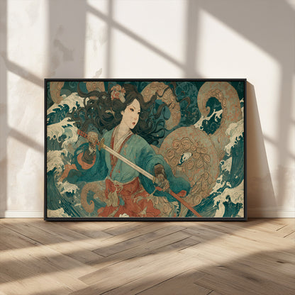 79740258-MGV-FC-36X24_Black-Tsukioka Yoshitoshi Samurai Wall Art Print, Japanese Katana Warrior Canvas Wall Art, Octopus Sea Monster Canvas Print,
