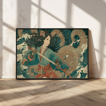 79740258-MGV-CV-36X24-Samurai Woman vs Octopus Wall Art – Japanese Ukiyo-e Blue Kimono Canvas Print, Ocean Battle Artwork for Living Room, Office, Man