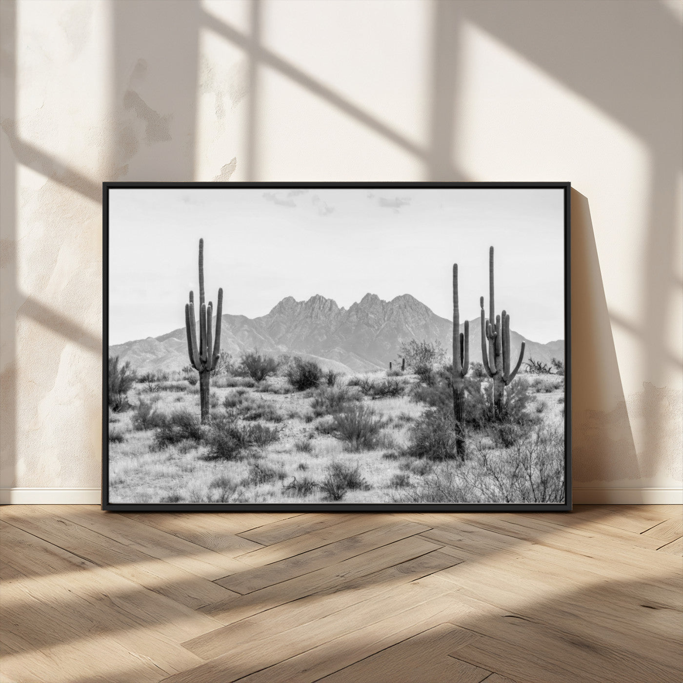 97436PHN-MGV-FC-36X24_Black-Desert Landscape Wall Art – Black and White Cactus and Mountain Canvas Print, Southwestern Nature Photography for Living Room,