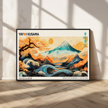 94085549-MGV-FC-36X24_Black-Yayoi Kusama Inspired Japanese Landscape Art Print – Vibrant Mount Fuji, Waves & Autumn Trees, Modern Decorative Poster for