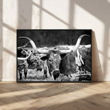 15425553-MGV-CV-36X24-Western Wall Art – Longhorn Cattle Black and White Canvas Print, Rustic Ranch Photography Decor for Bedroom, Living Room, Office,