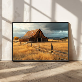 16480179-MGV-CV-36X24-Farmhouse Wall Art – Rustic Barn and Golden Field Canvas Print, Country Landscape Photography Decor for Bedroom, Living Room,