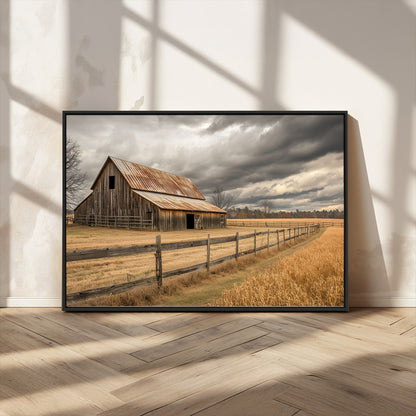 21991117-MGV-CV-36X24-Rustic Barn Wall Art – Weathered Farmhouse Canvas Print, Stormy Sky and Golden Field Photography Decor for Bedroom, Living Room,