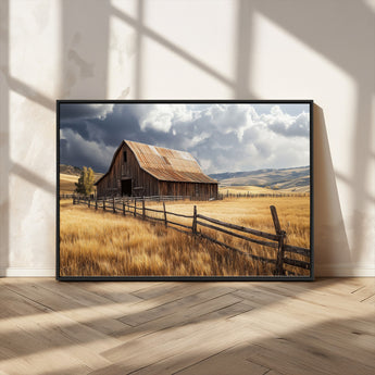 23718739-MGV-CV-36X24-Farmhouse Wall Art – Rustic Barn and Golden Wheat Field Canvas Print, Country Landscape Photography Decor for Bedroom, Living