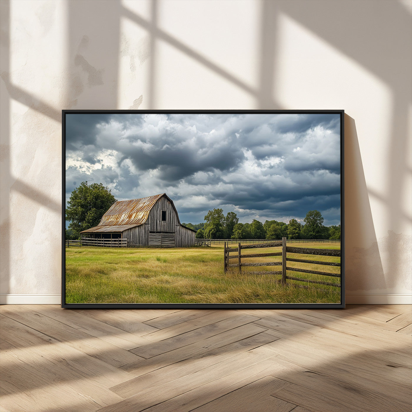 39409517-MGV-FC-36X24_Black-Rustic Barn Wall Art – Weathered Farmhouse and Storm Clouds Canvas Print, Country Landscape Photography Decor for Bedroom, Living