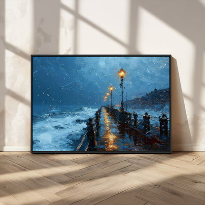 93793246-MGV-CV-36X24-Stormy Night Pier Canvas Wall Art – Moody Ocean Landscape with Lights, Blue Coastal Seascape Print for Bedroom, Living Room,