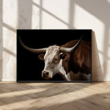 27414857-MGV-FC-36X24_Black-Texas Longhorn Bull Canvas Wall Art – Rustic Western Farmhouse Decor, Brown & White Cow Portrait, Animal Print for Ranch Home